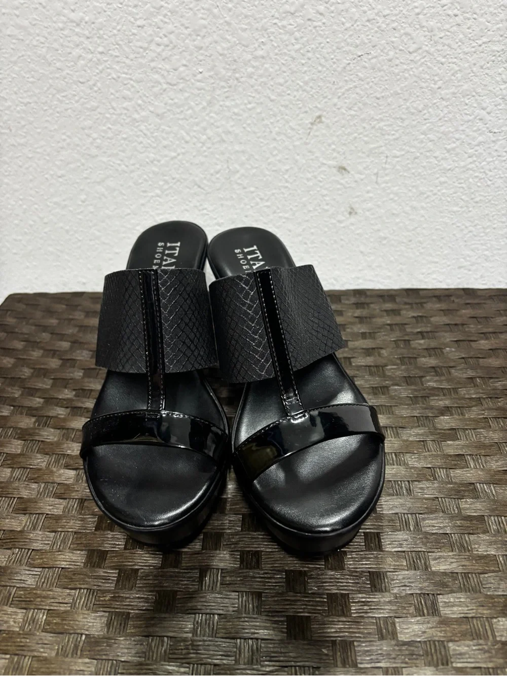 Italian Shoemakers Black Patent and Matte Platform Wedge Slides